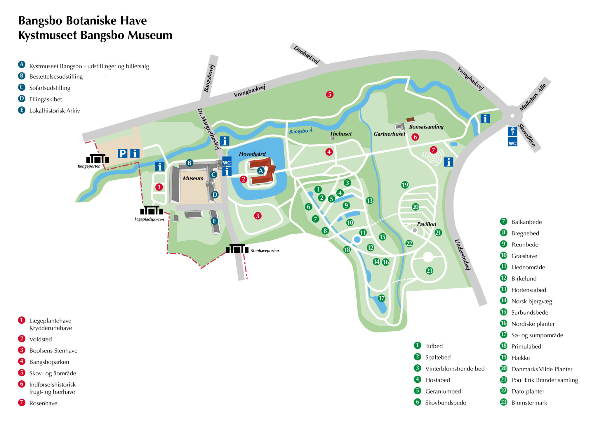 Oversigtskort over Bangsbo Botaniske Have med bede, anlæg og stier